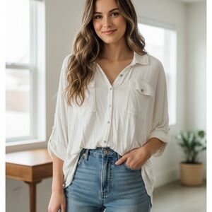 Free People Cream Button-Down Shirt